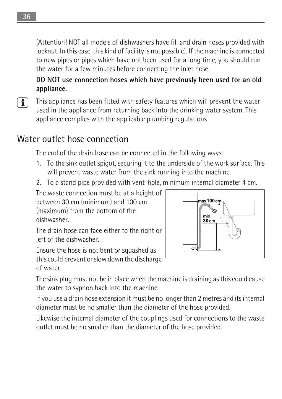 Water outlet hose connection | Electrolux 50877 User Manual | Page 36 / 40
