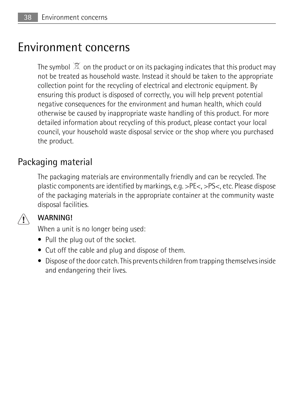 Environment concerns, Packaging material | Electrolux 50877 User Manual | Page 38 / 40