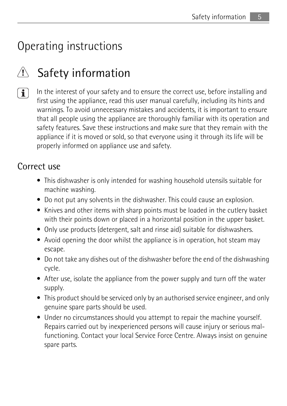 Operating instructions safety information, Correct use | Electrolux 50877 User Manual | Page 5 / 40