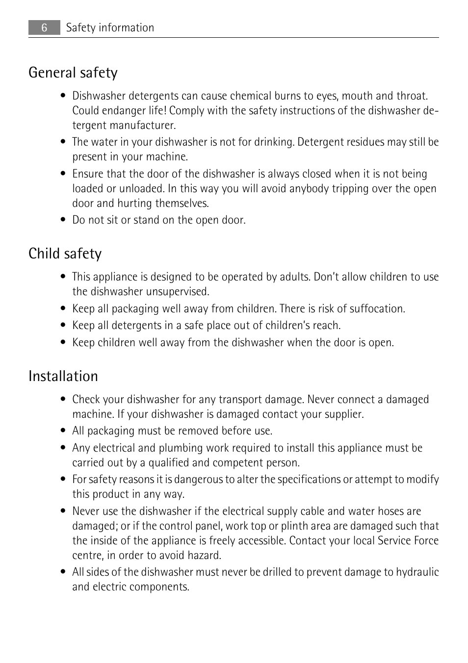 General safety, Child safety, Installation | Electrolux 50877 User Manual | Page 6 / 40