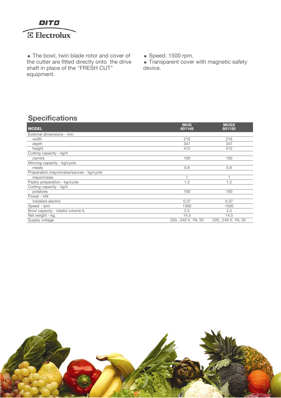 Specifications, Speed: 1500 rpm, Transparent cover with magnetic safety device | Electrolux MultiGreen MUG User Manual | Page 2 / 4