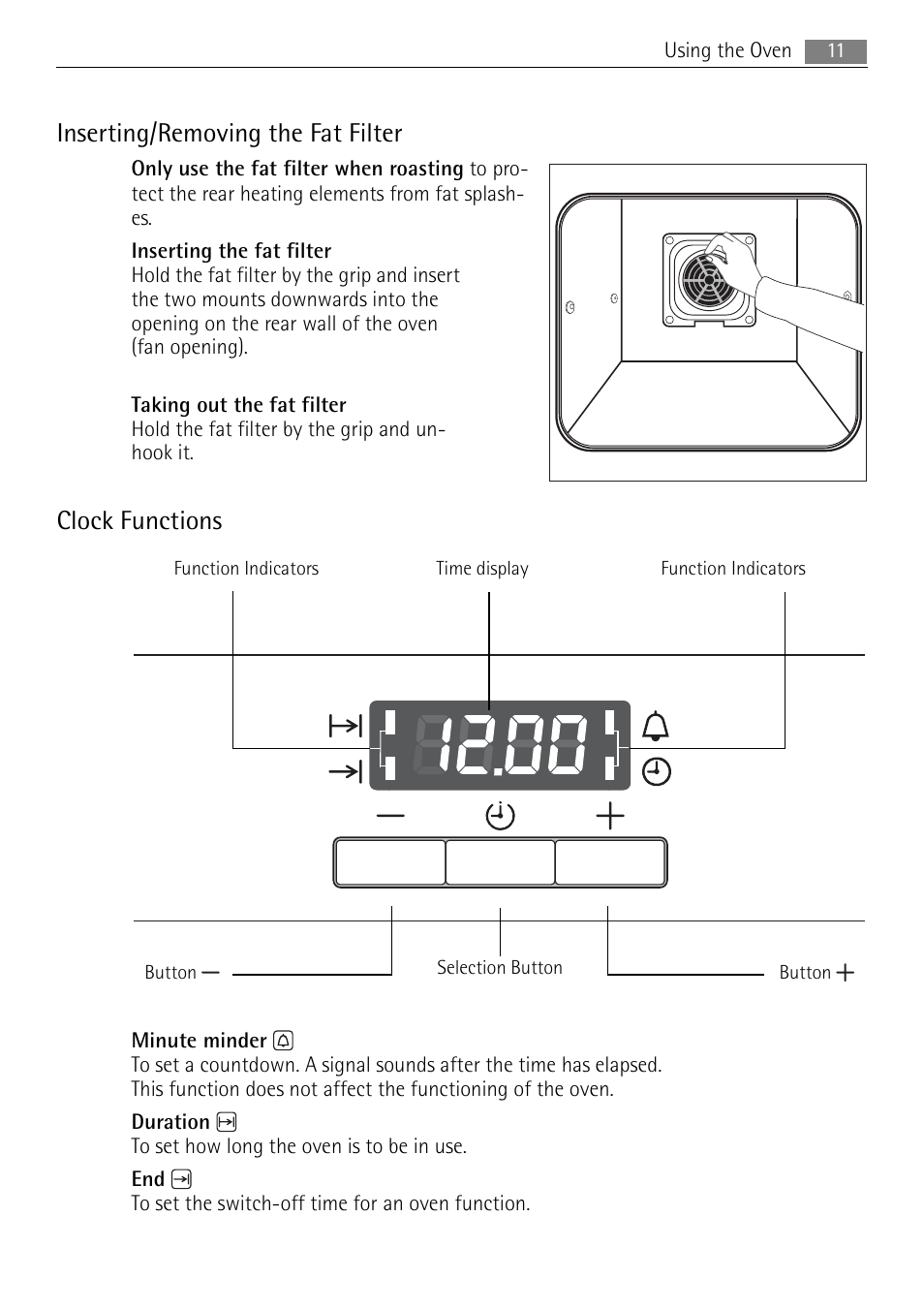 Inserting/removing the fat filter, Clock functions | Electrolux B3151-5 User Manual | Page 11 / 44