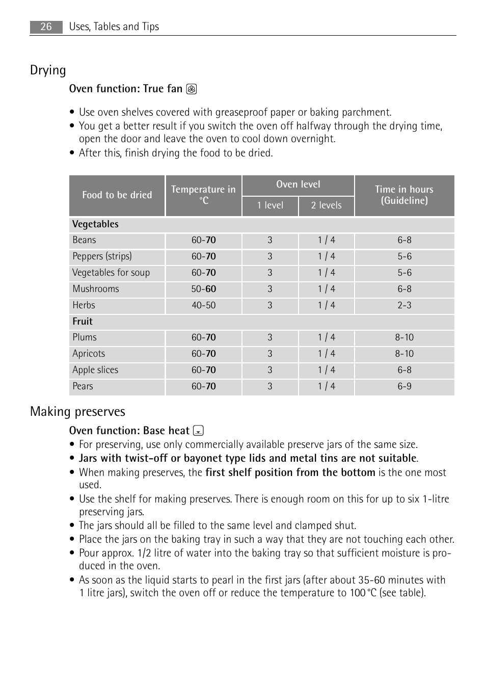 Drying, Making preserves | Electrolux B3151-5 User Manual | Page 26 / 44