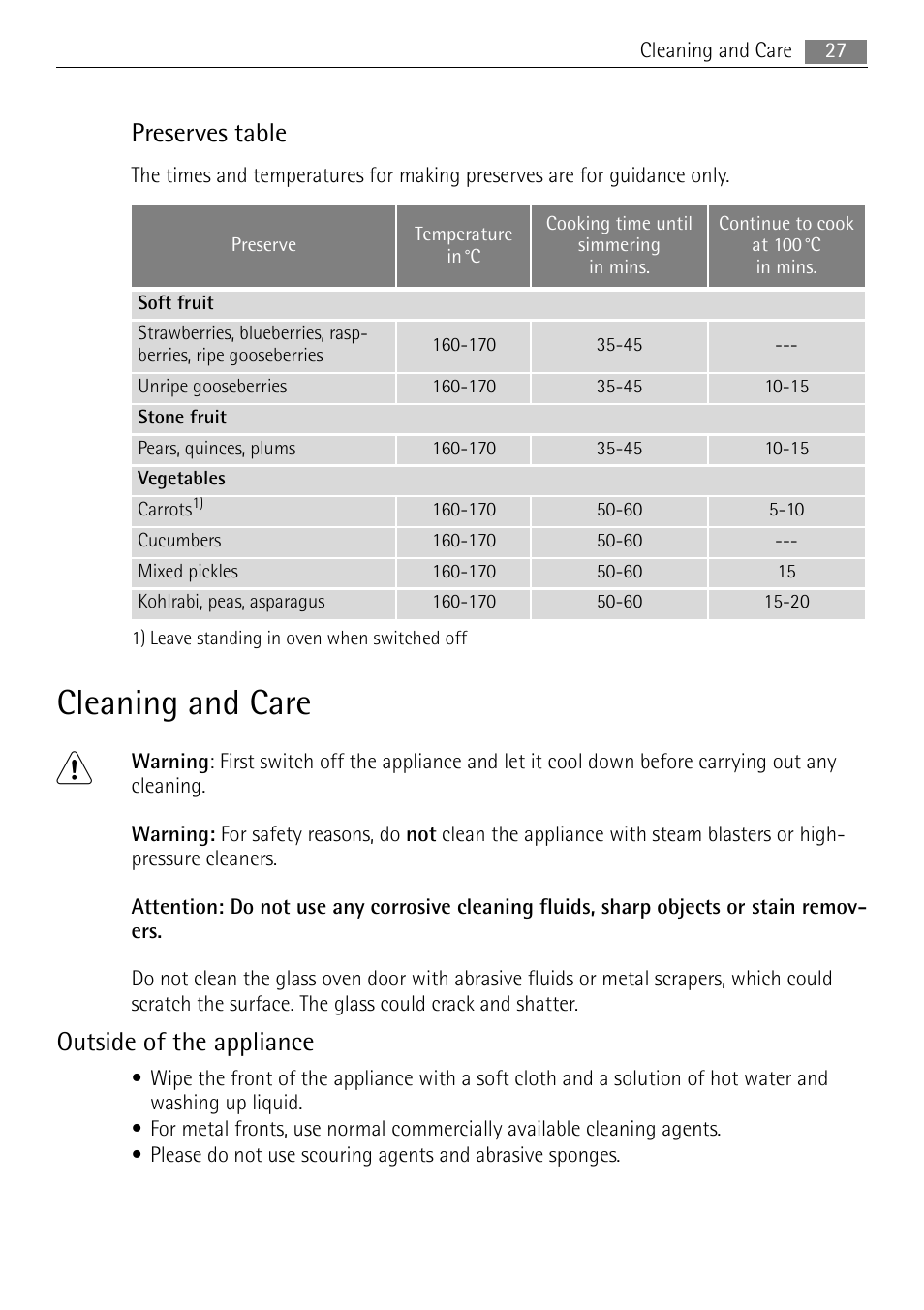 Cleaning and care, Preserves table, Outside of the appliance | Electrolux B3151-5 User Manual | Page 27 / 44