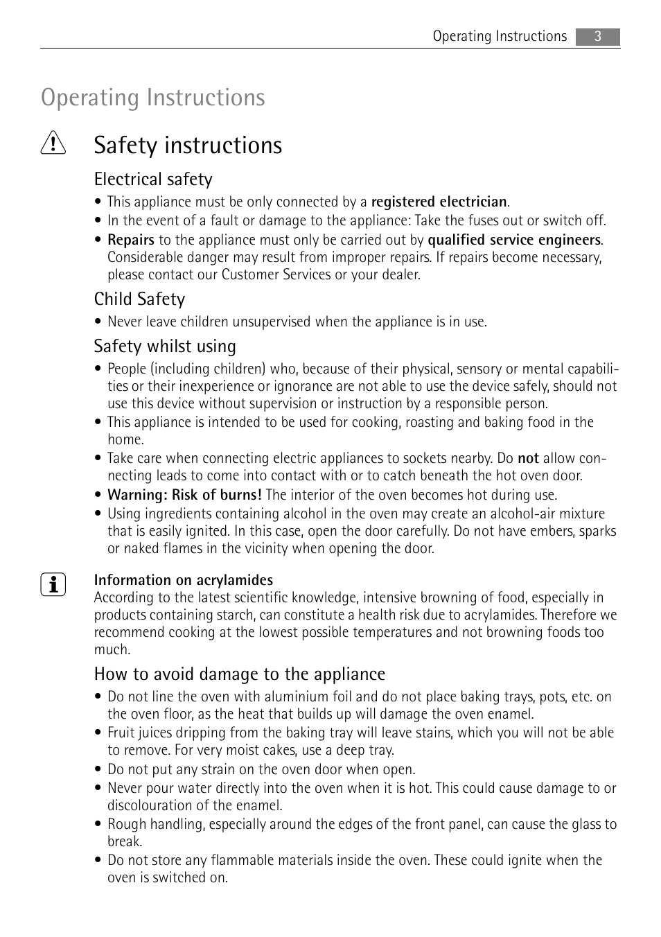 Operating instructions, Safety instructions, Electrical safety | Child safety, Safety whilst using, How to avoid damage to the appliance | Electrolux B3151-5 User Manual | Page 3 / 44