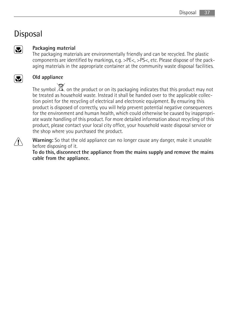 Disposal | Electrolux B3151-5 User Manual | Page 37 / 44