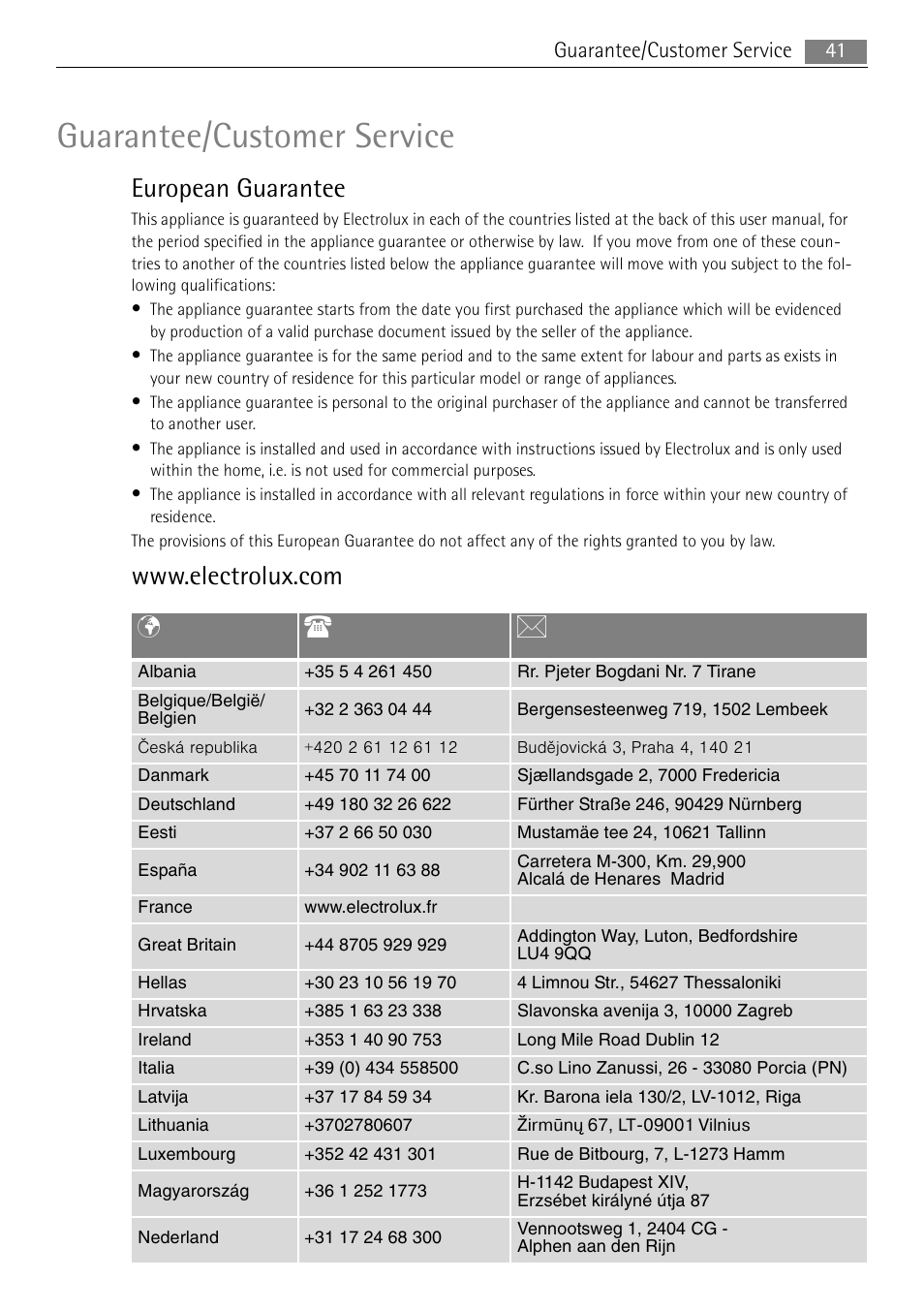 Guarantee/customer service, Pt b, 41 guarantee/customer service | Electrolux B3151-5 User Manual | Page 41 / 44