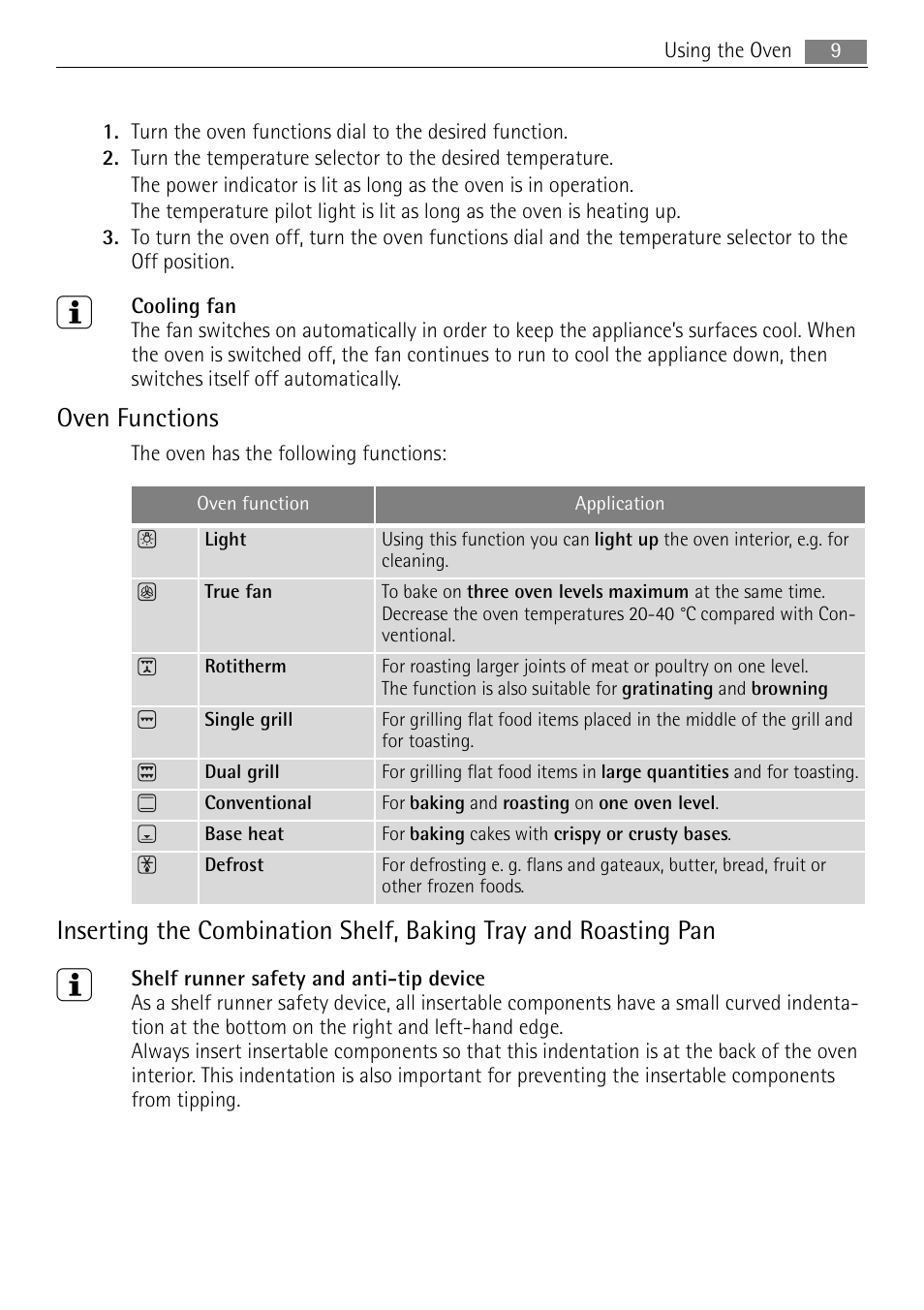 Oven functions | Electrolux B3151-5 User Manual | Page 9 / 44