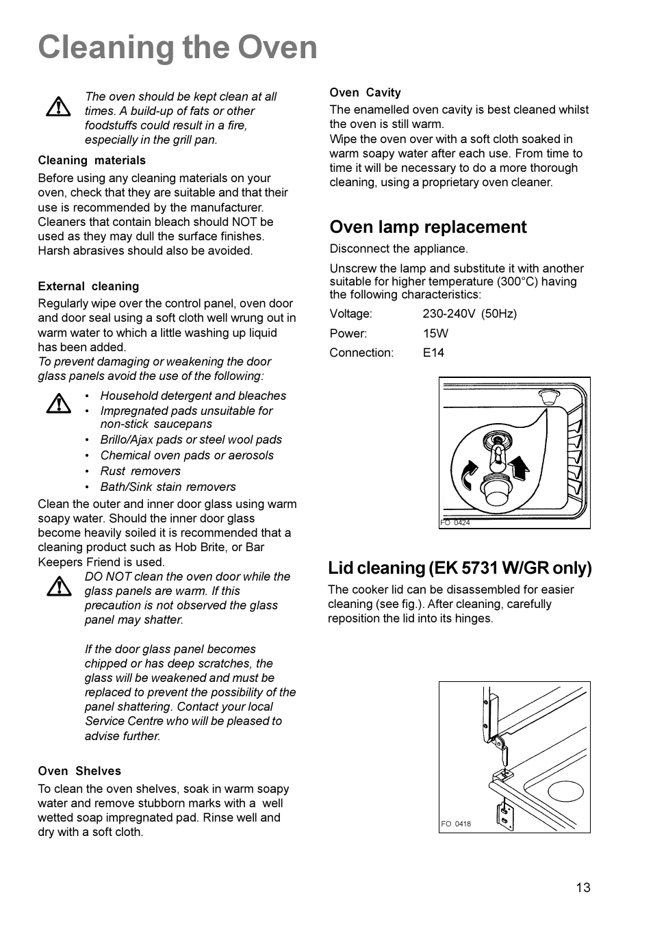 Cleaning the oven, Oven lamp replacement, Lid cleaning (ek 5731 w/gr only) | Electrolux EK 5731 User Manual | Page 13 / 24