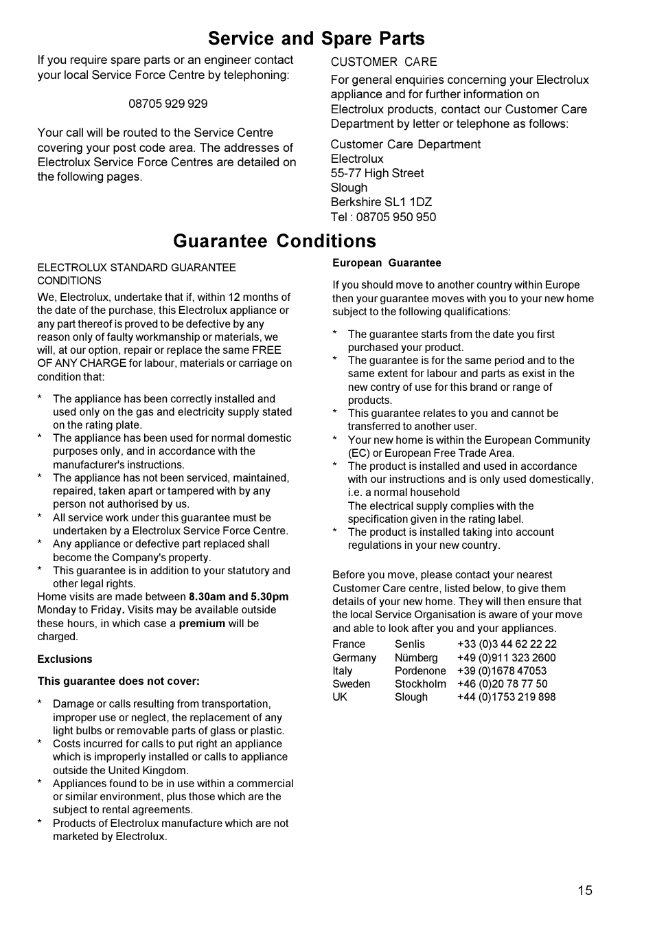 Guarantee conditions service and spare parts | Electrolux EK 5731 User Manual | Page 15 / 24