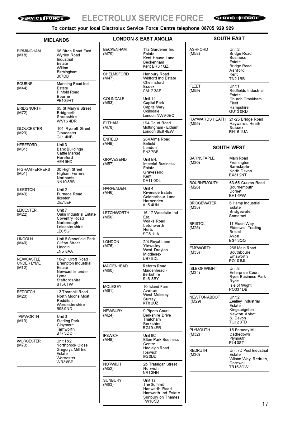 Electrolux service force, London & east anglia, South east | South west | Electrolux EK 5731 User Manual | Page 17 / 24