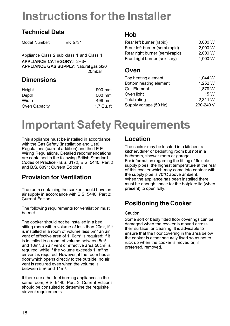 Important safety requirements, Instructions for the installer, Provision for ventilation | Dimensions, Technical data, Oven, Location, Positioning the cooker | Electrolux EK 5731 User Manual | Page 18 / 24