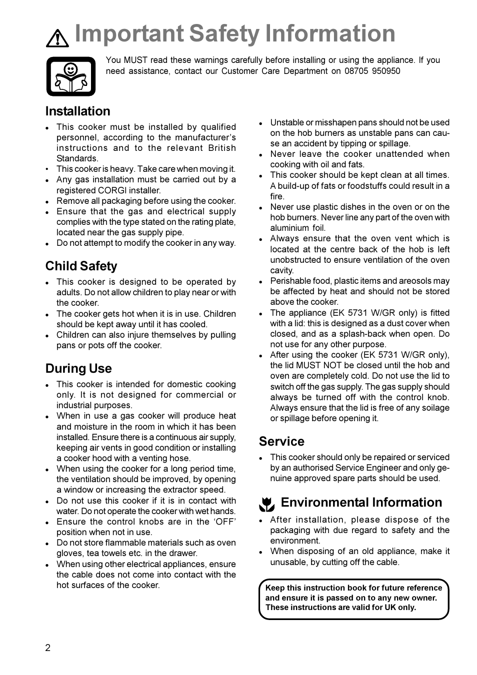 Important safety information, Installation, Child safety | During use, Service, Environmental information | Electrolux EK 5731 User Manual | Page 2 / 24