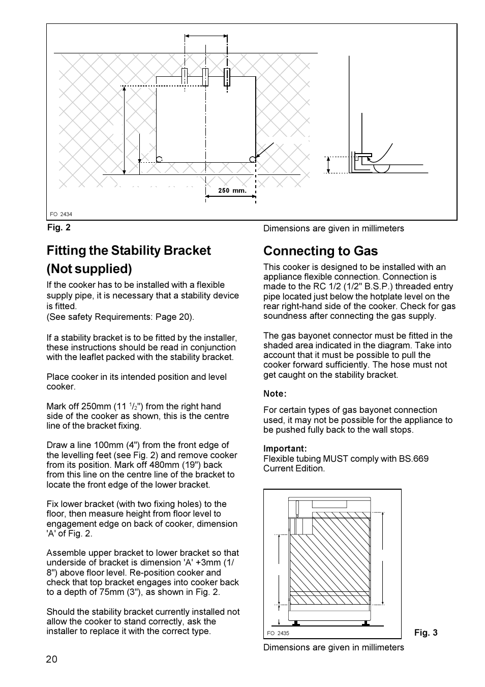 Fitting the stability bracket (not supplied), Connecting to gas | Electrolux EK 5731 User Manual | Page 20 / 24