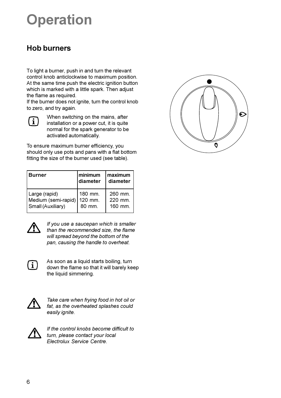 Operation, Hob burners | Electrolux EK 5731 User Manual | Page 6 / 24