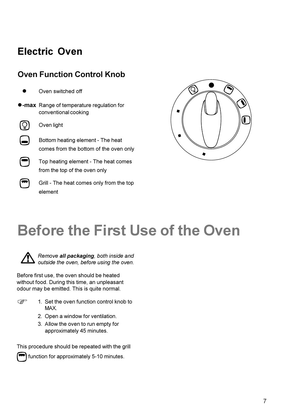 Before the first use of the oven, Electric oven, Oven function control knob | Electrolux EK 5731 User Manual | Page 7 / 24