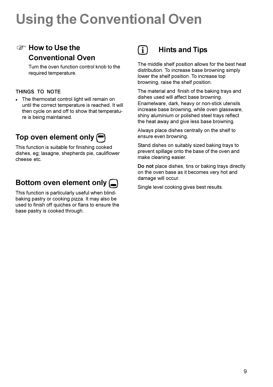 Using the conventional oven, How to use the conventional oven, Top oven element only | Bottom oven element only, Hints and tips | Electrolux EK 5731 User Manual | Page 9 / 24