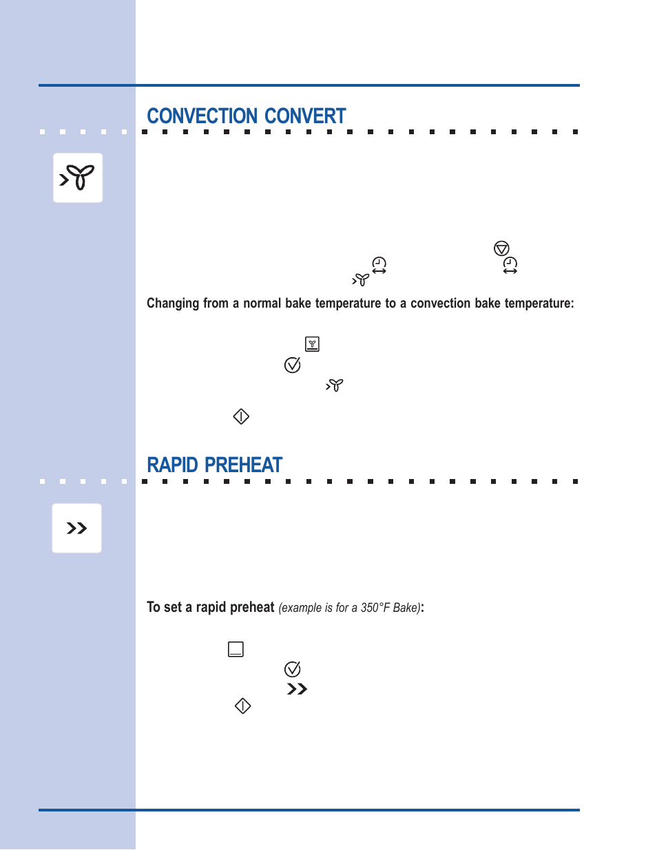 Cooking modes, Convection convert, Rapid preheat | Electrolux 318 205 122 User Manual | Page 18 / 44