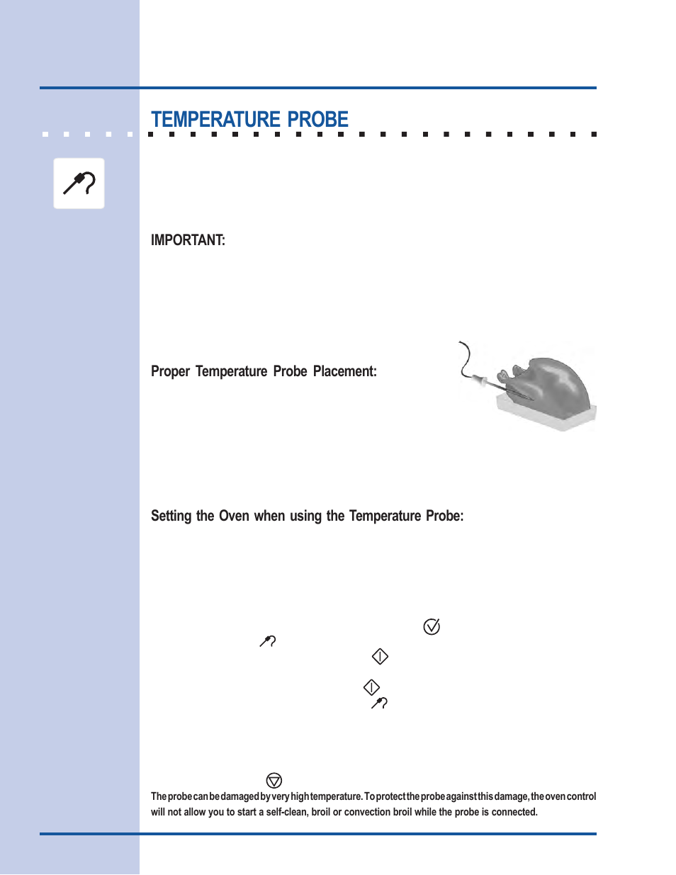 Cooking modes, Temperature probe, Important | Proper temperature probe placement, Setting the oven when using the temperature probe | Electrolux 318 205 122 User Manual | Page 26 / 44