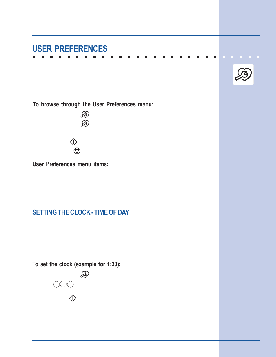 Electronic control settings, User preferences, Setting the clock - time of day | User preferences menu items | Electrolux 318 205 122 User Manual | Page 29 / 44