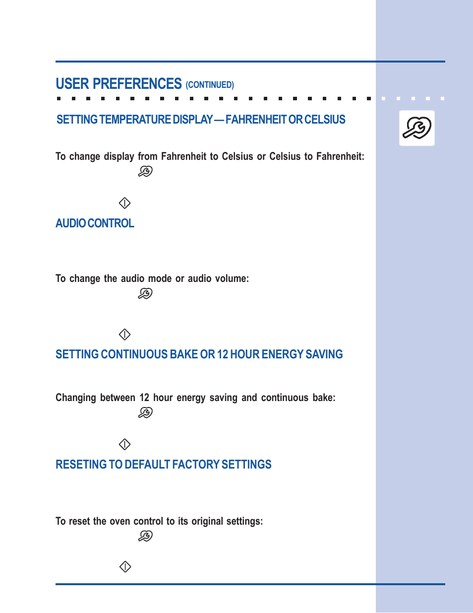 Electronic control settings, User preferences, Setting continuous bake or 12 hour energy saving | Reseting to default factory settings, Audio control | Electrolux 318 205 122 User Manual | Page 31 / 44