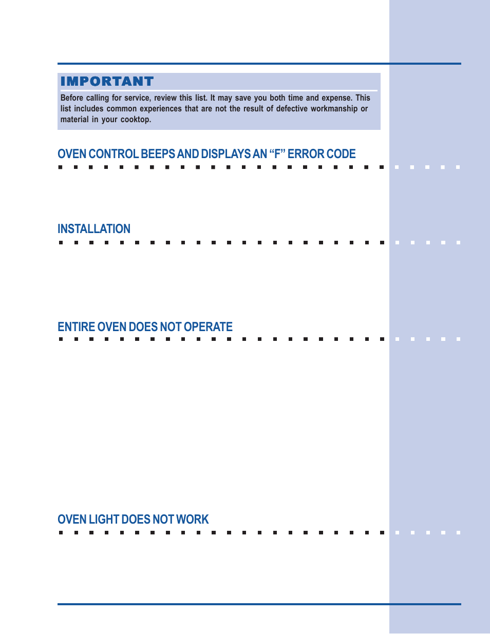 Solutions to common problems, Oven control beeps and displays an “f” error code, Installation | Entire oven does not operate, Oven light does not work, Impor | Electrolux 318 205 122 User Manual | Page 41 / 44