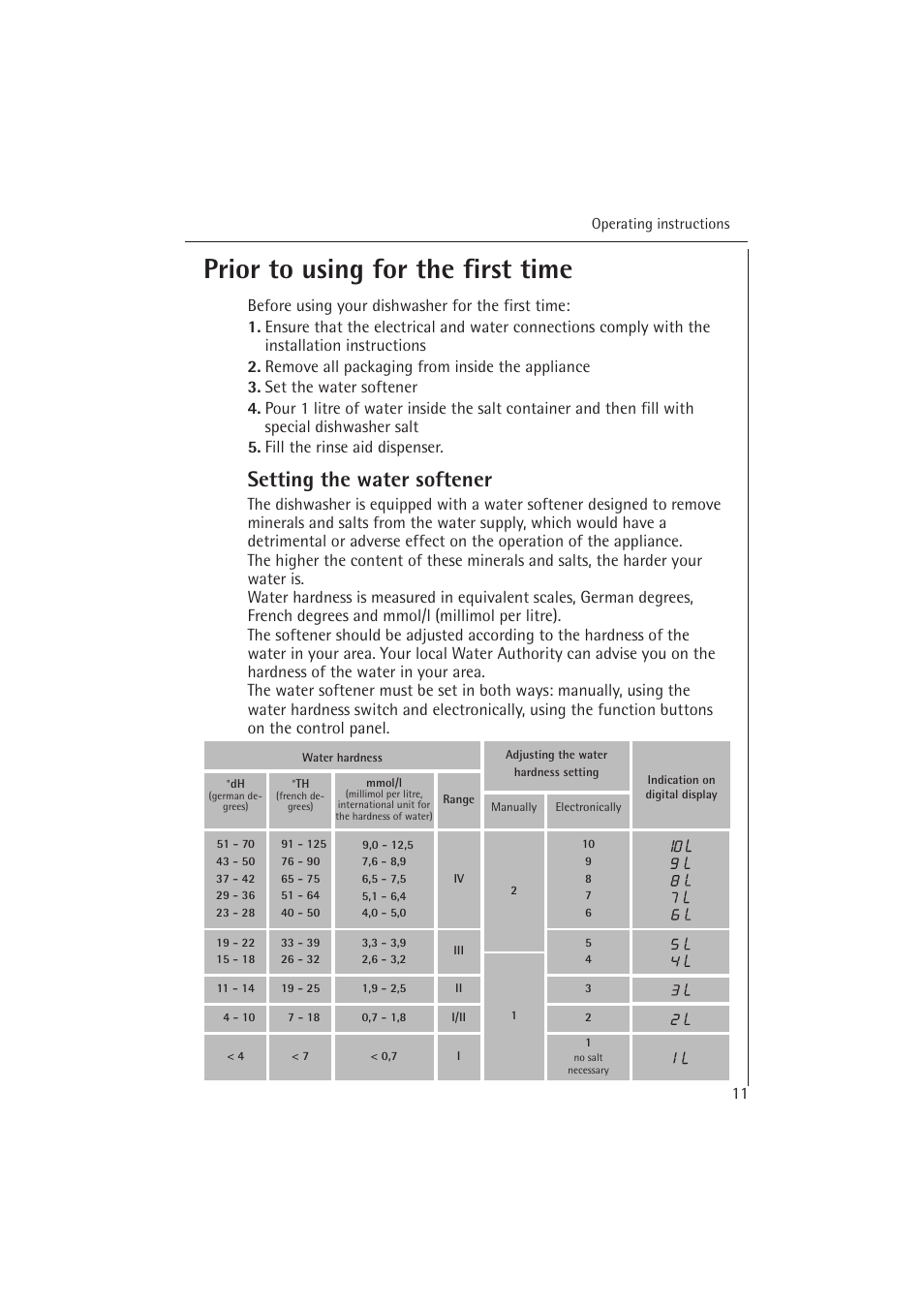 Prior to using for the first time, Setting the water softener | Electrolux 54850 S User Manual | Page 11 / 48