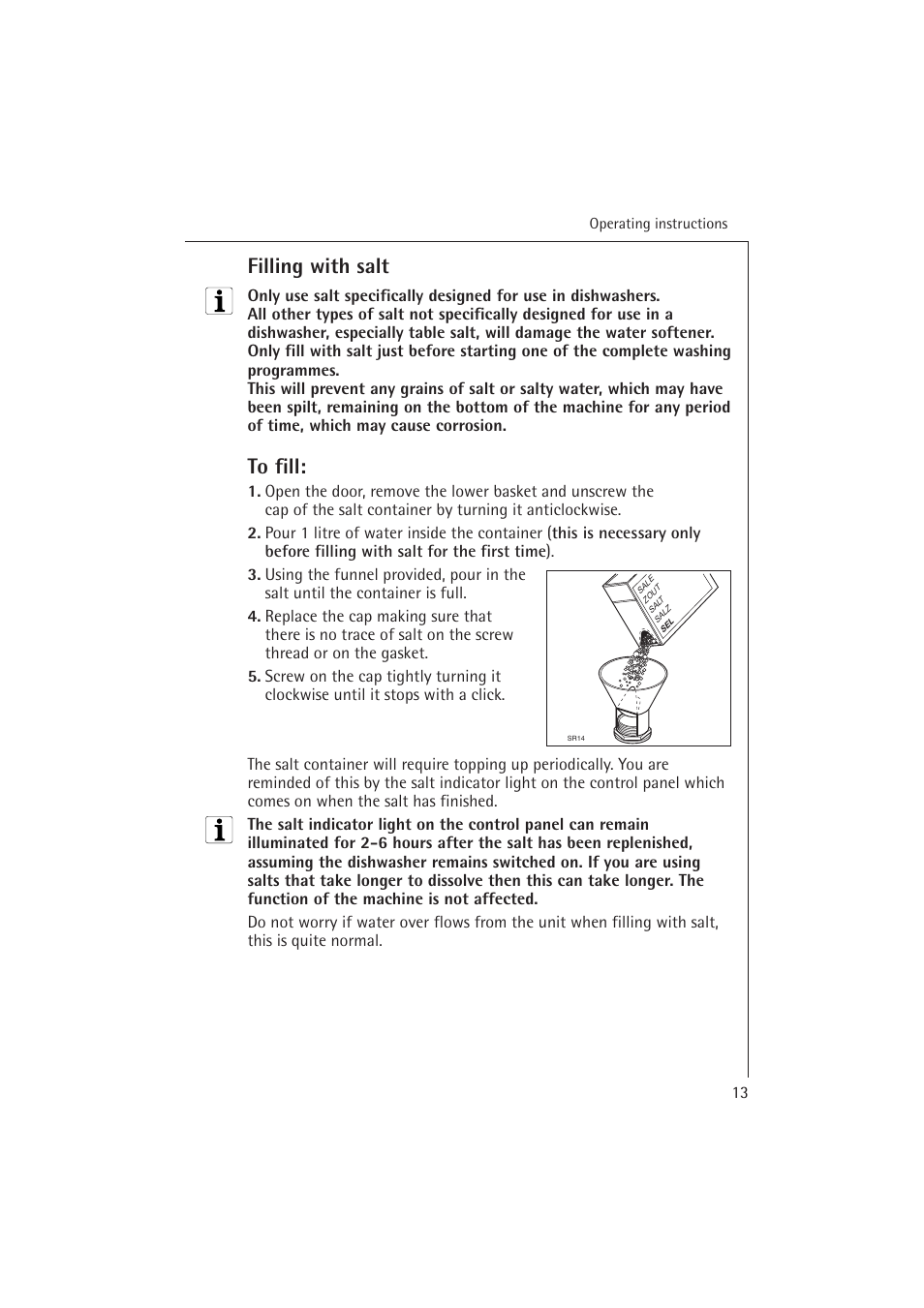 Filling with salt | Electrolux 54850 S User Manual | Page 13 / 48