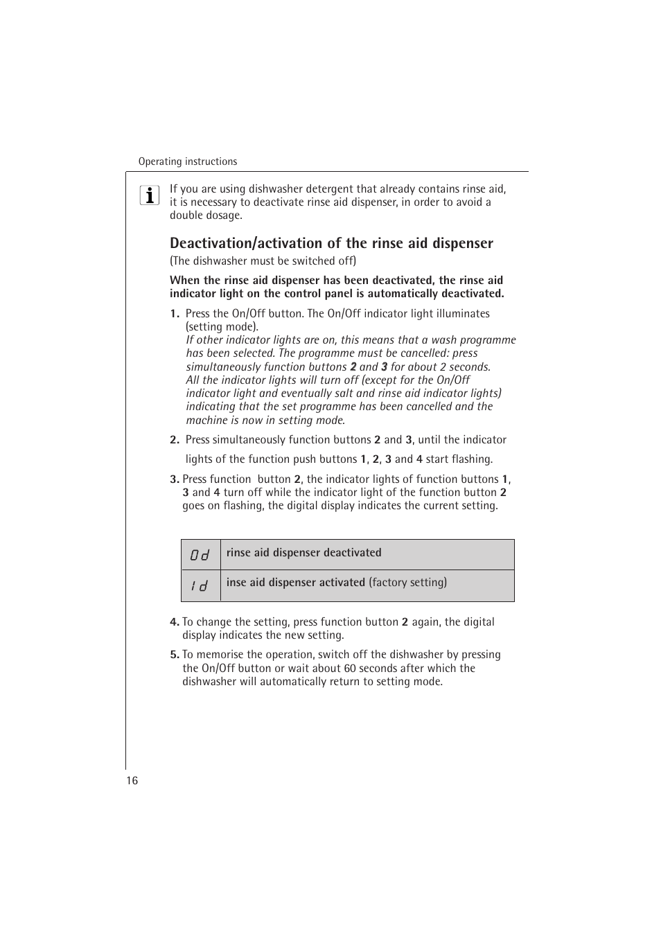 Deactivation/activation of the rinse aid dispenser | Electrolux 54850 S User Manual | Page 16 / 48