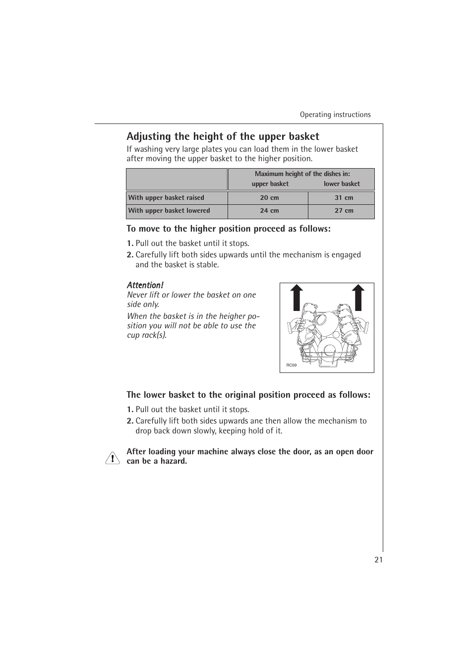 Adjusting the height of the upper basket | Electrolux 54850 S User Manual | Page 21 / 48