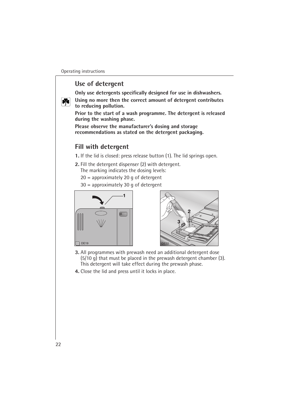 Use of detergent, Fill with detergent | Electrolux 54850 S User Manual | Page 22 / 48