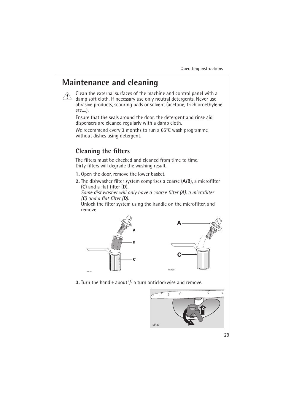 Maintenance and cleaning, Cleaning the filters | Electrolux 54850 S User Manual | Page 29 / 48