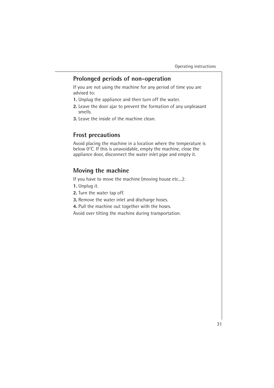 Prolonged periods of non-operation, Frost precautions, Moving the machine | Electrolux 54850 S User Manual | Page 31 / 48