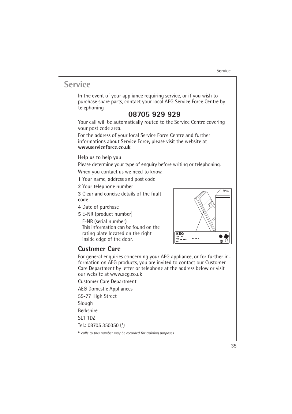 Service, Customer care | Electrolux 54850 S User Manual | Page 35 / 48