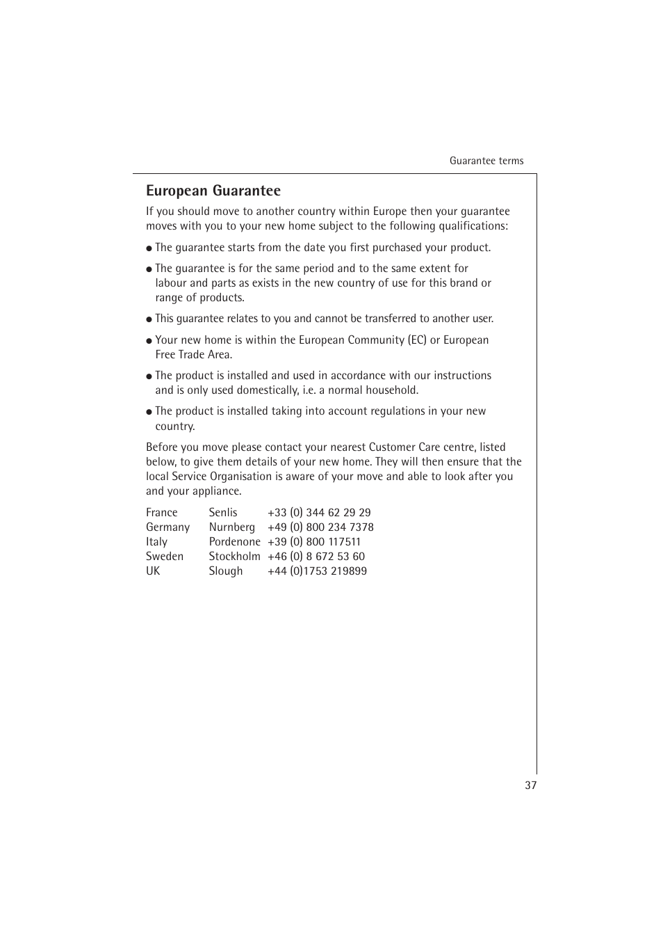 European guarantee | Electrolux 54850 S User Manual | Page 37 / 48