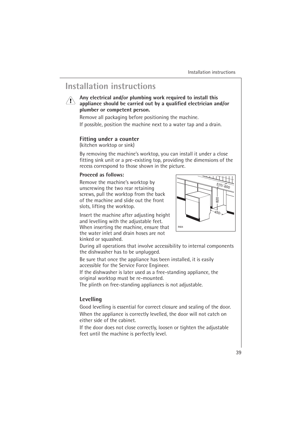 Installation instructions, Fitting under a counter, Levelling | Electrolux 54850 S User Manual | Page 39 / 48