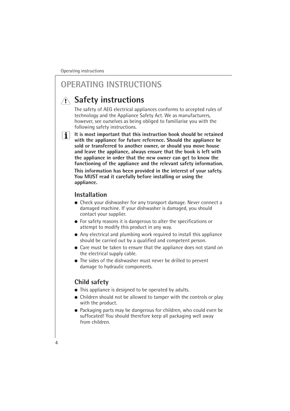 Operating instructions safety instructions, Installation, Child safety | Electrolux 54850 S User Manual | Page 4 / 48