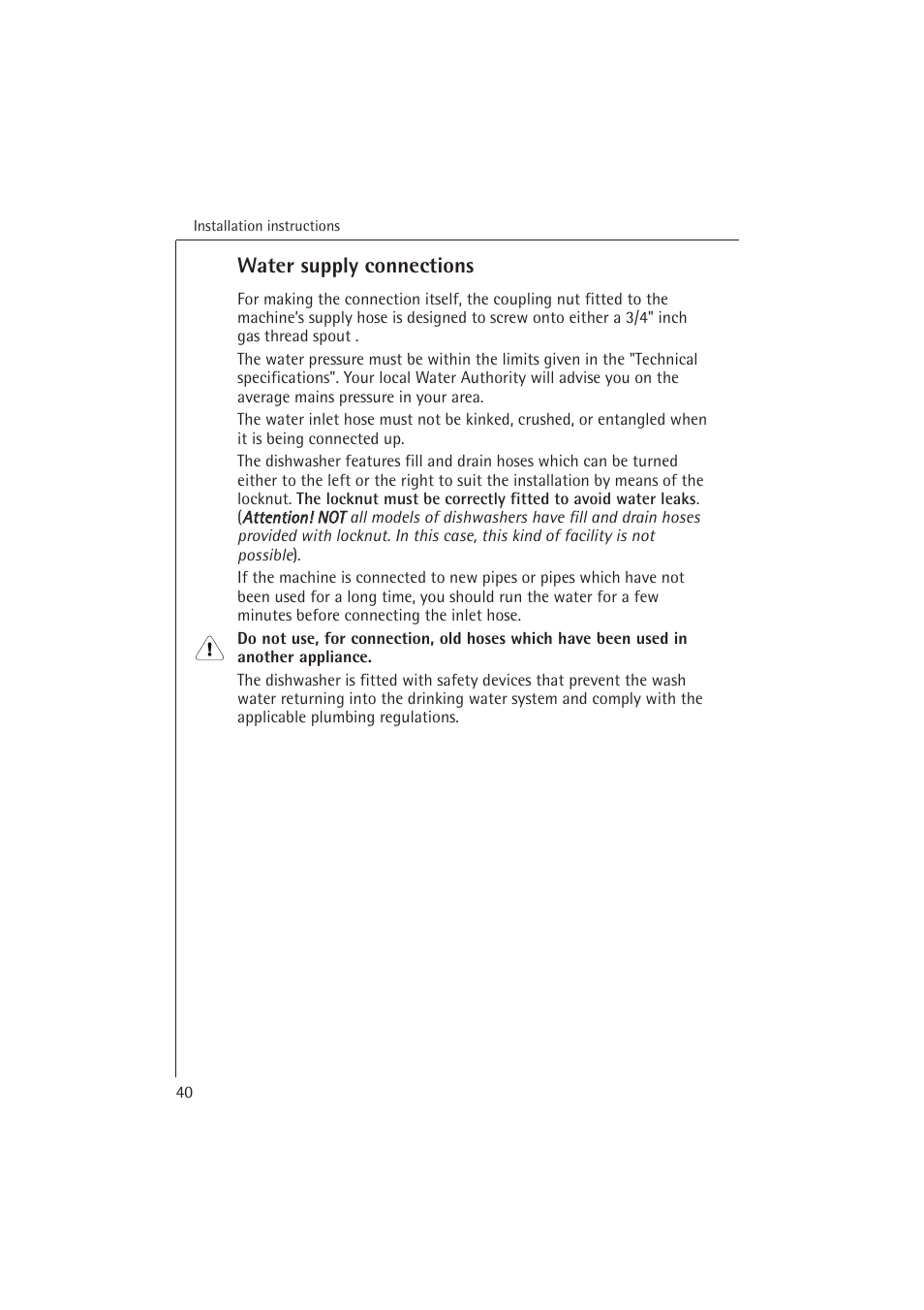 Water supply connections | Electrolux 54850 S User Manual | Page 40 / 48