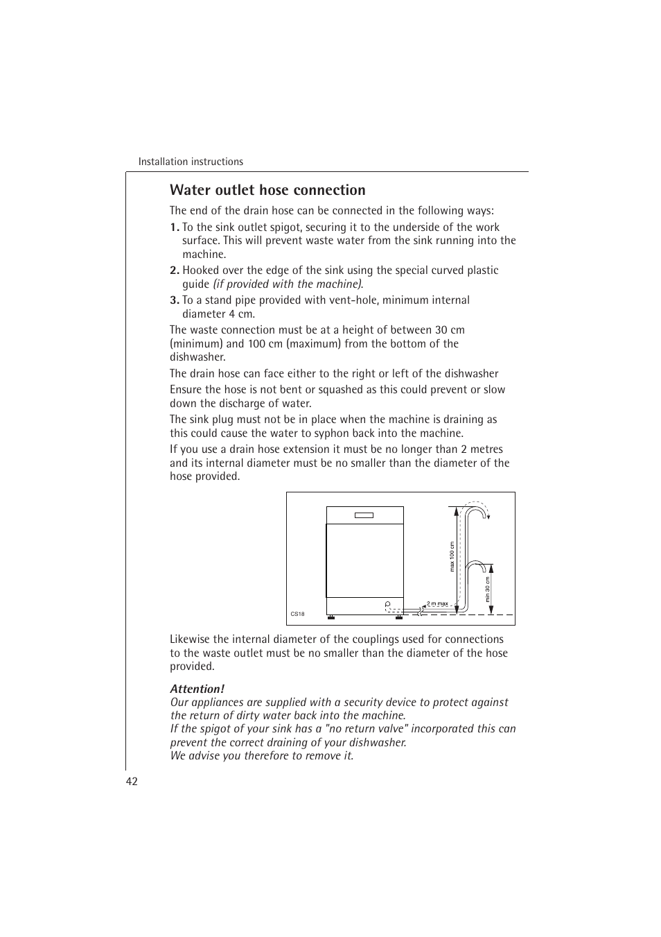 Water outlet hose connection | Electrolux 54850 S User Manual | Page 42 / 48