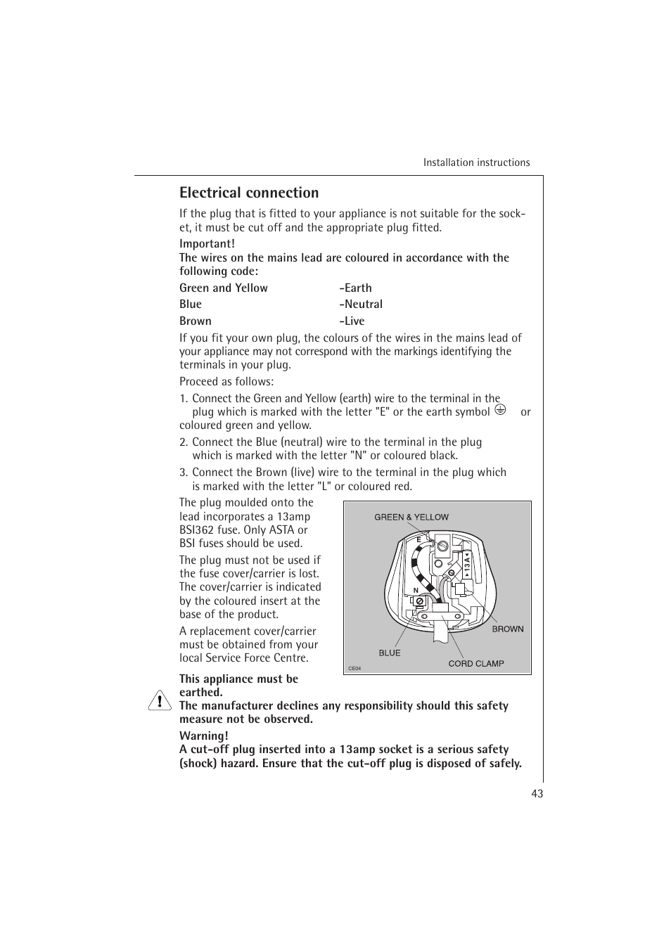 Electrical connection | Electrolux 54850 S User Manual | Page 43 / 48