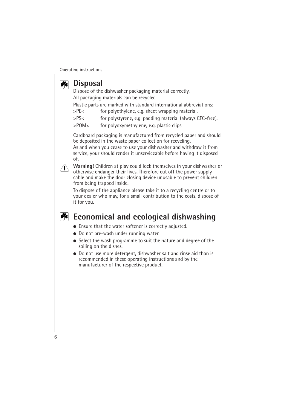 Disposal, Economical and ecological dishwashing | Electrolux 54850 S User Manual | Page 6 / 48