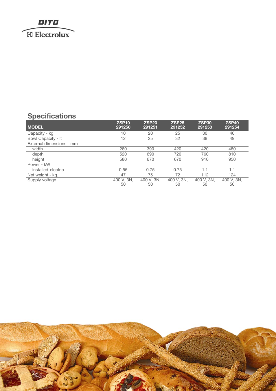 Specifications | Electrolux Dito 291250 User Manual | Page 2 / 4