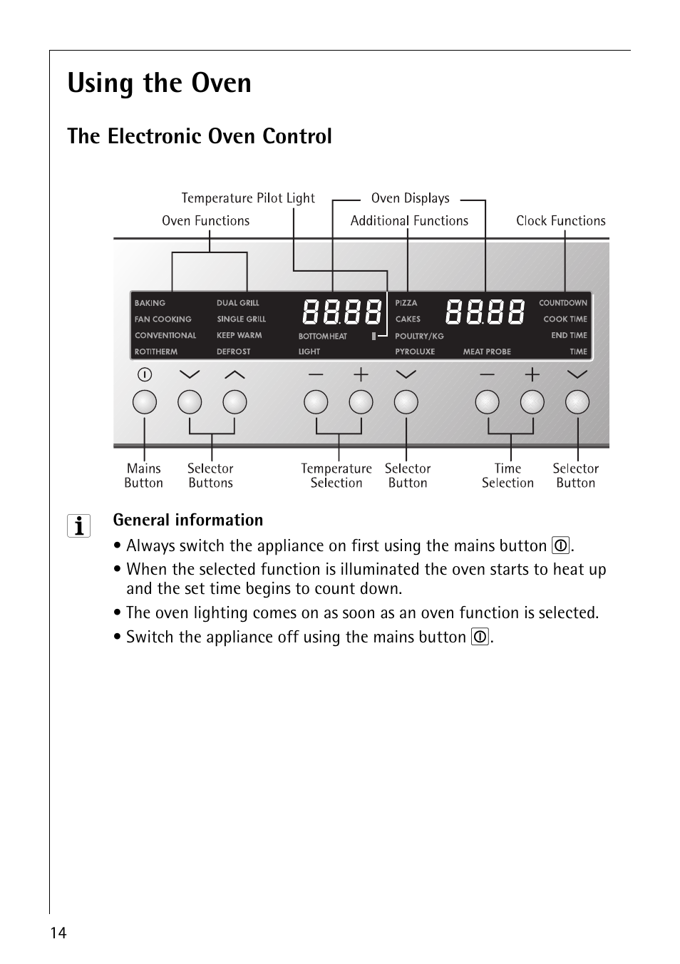 Using the oven, The electronic oven control | Electrolux B8140-1 User Manual | Page 14 / 72