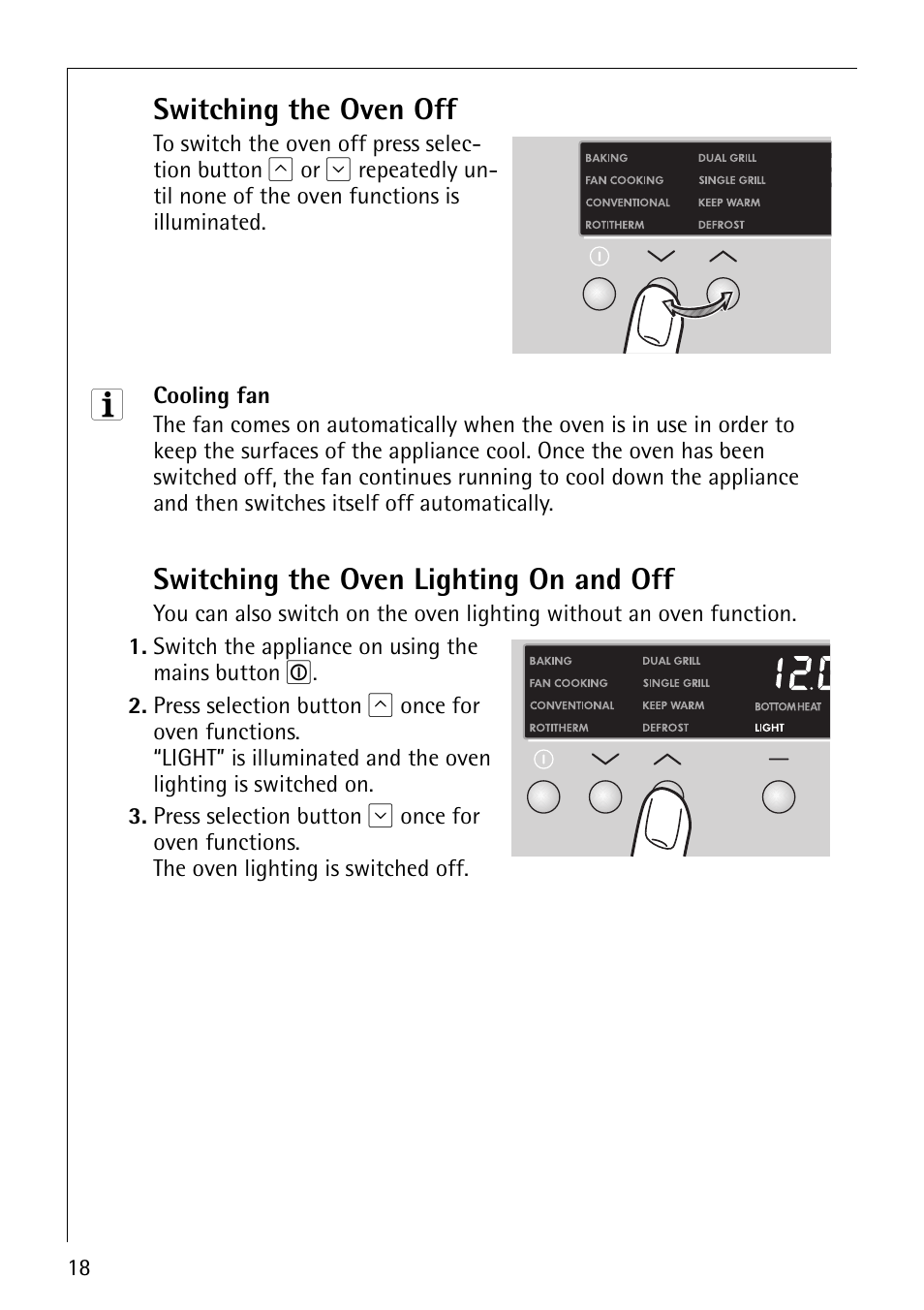 Switching the oven off, Switching the oven lighting on and off | Electrolux B8140-1 User Manual | Page 18 / 72