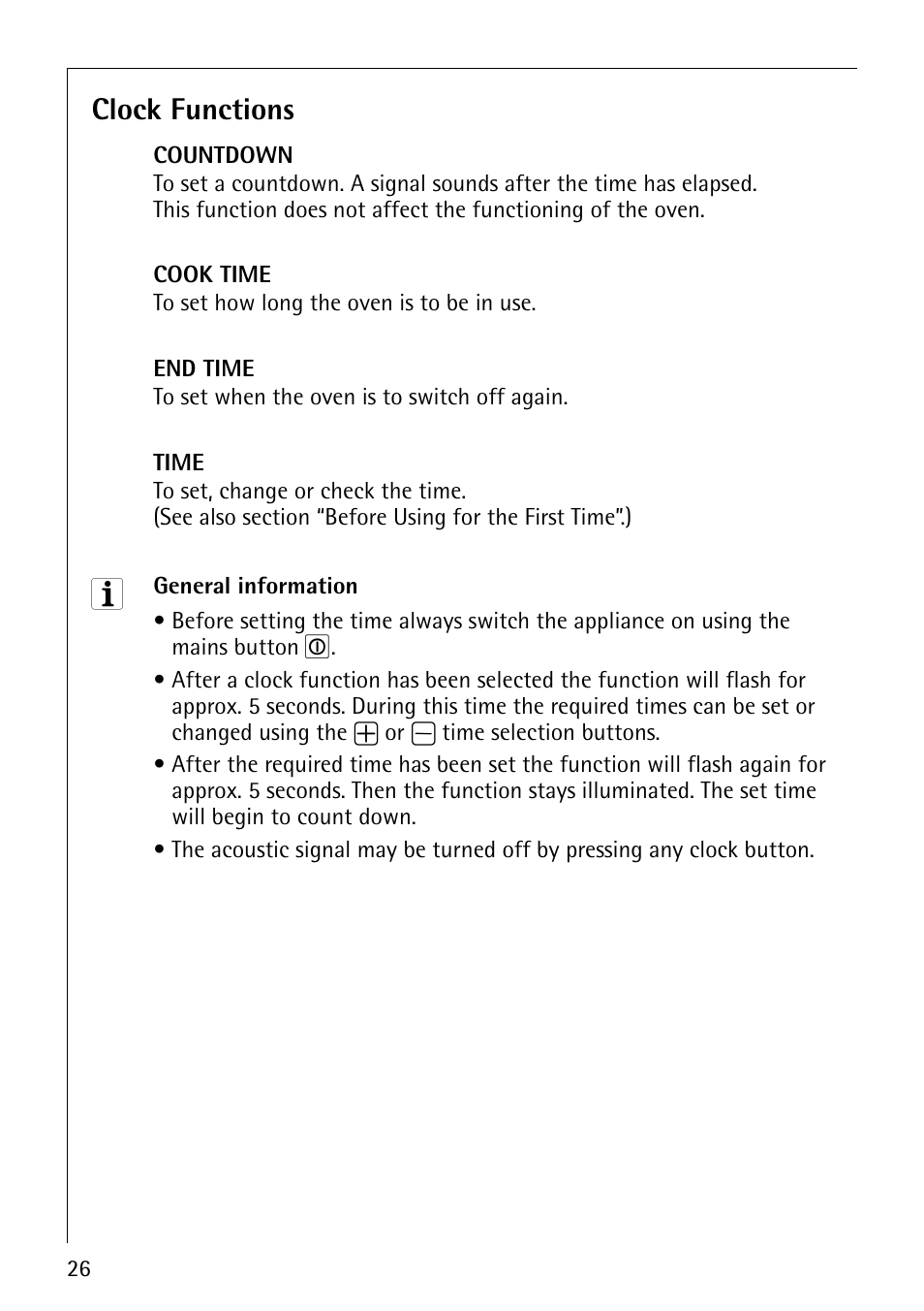 Clock functions | Electrolux B8140-1 User Manual | Page 26 / 72