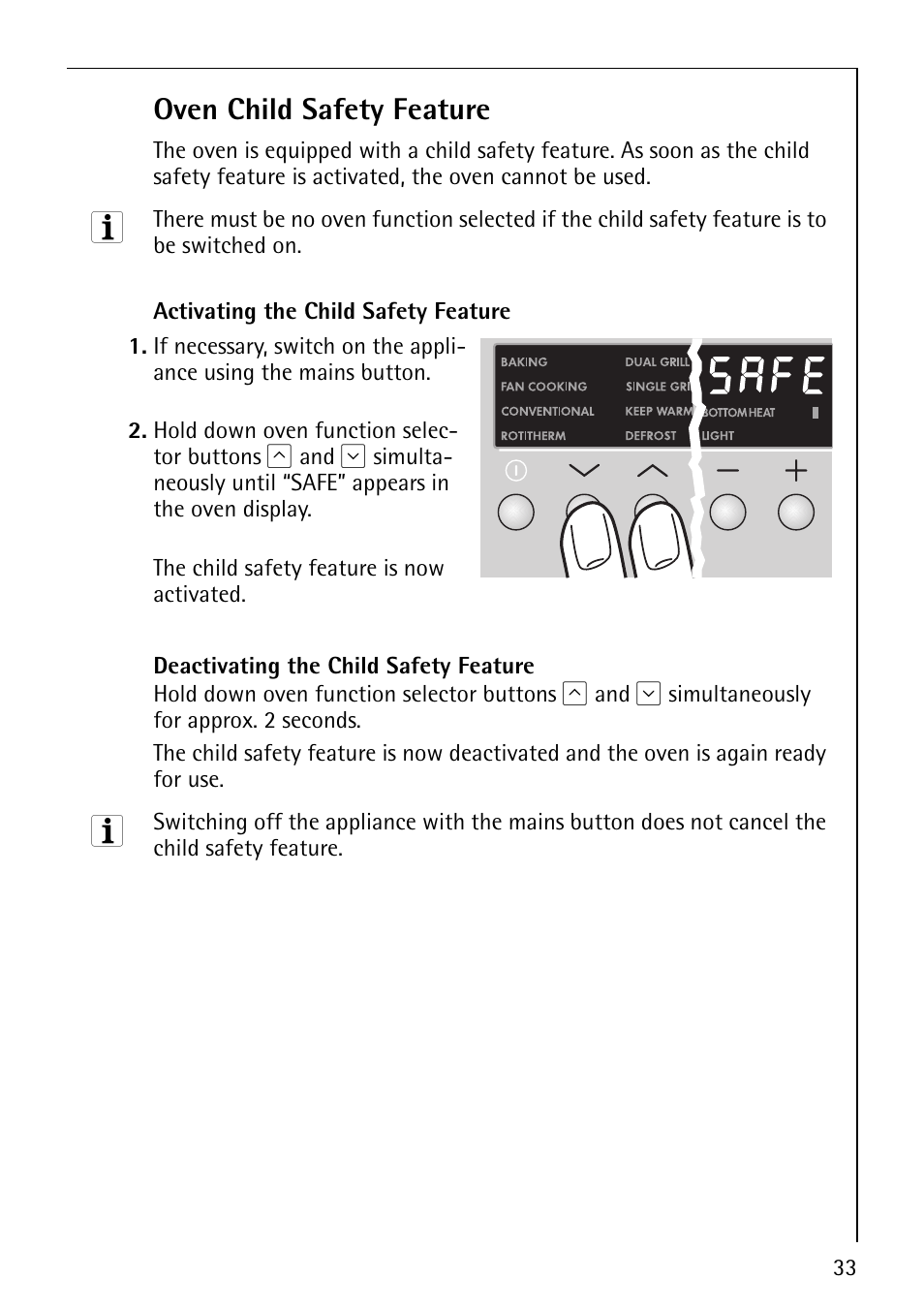 Oven child safety feature | Electrolux B8140-1 User Manual | Page 33 / 72