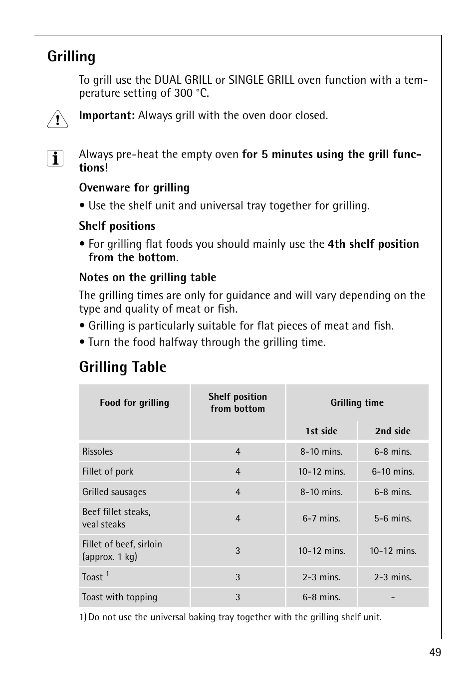 Grilling, Grilling table | Electrolux B8140-1 User Manual | Page 49 / 72