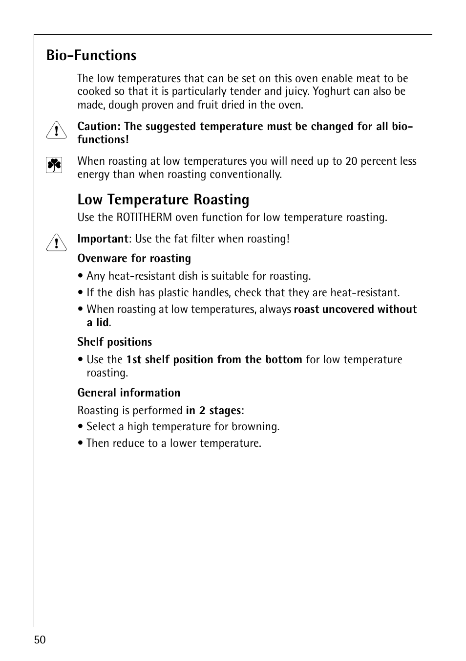 Bio-functions, Low temperature roasting | Electrolux B8140-1 User Manual | Page 50 / 72