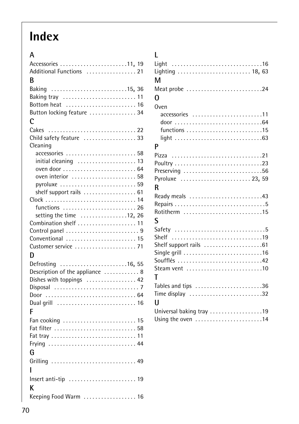 Index | Electrolux B8140-1 User Manual | Page 70 / 72