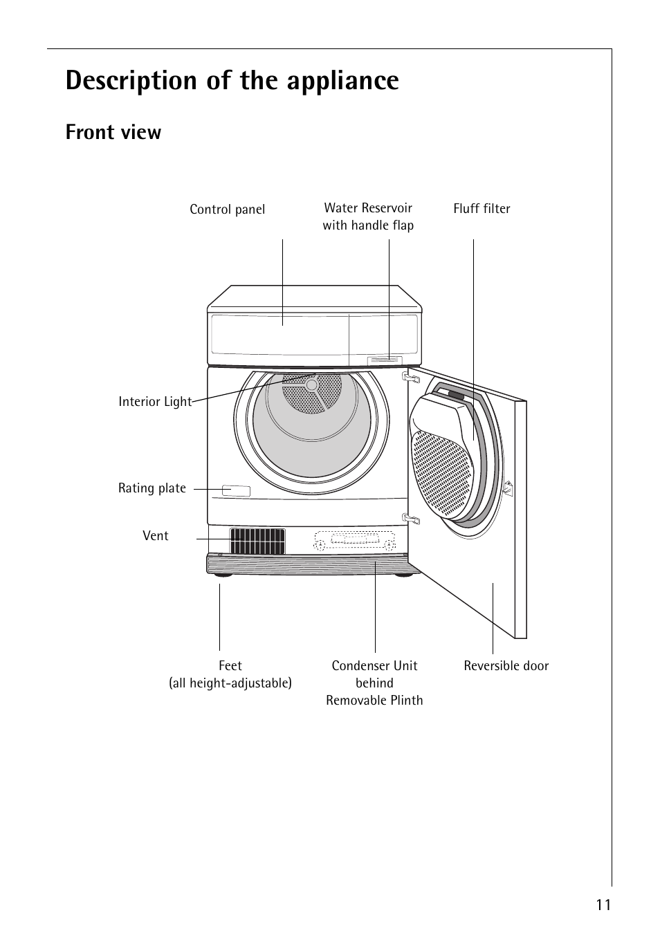 Description of the appliance, Front view | Electrolux 57700 User Manual | Page 11 / 40